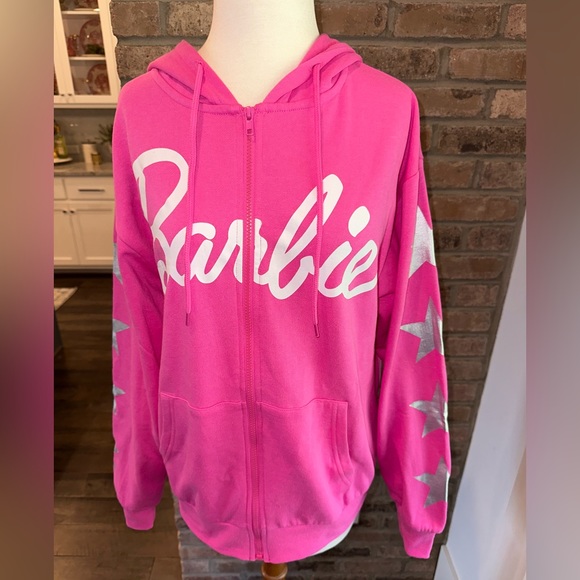 ✨NWT✨ Host Pick 💖 Barbie Hot Pink Hoodie Sweatshirt Jacket with Stars Sleeves - Picture 4 of 10